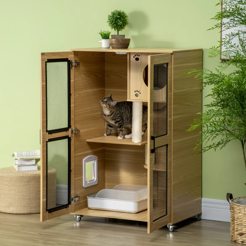 PawHut Luxury Cat House with Wheels,  Kitty Cage Catio Villa for Indoor Cats with Scratching Posts, Condo, Flap Door, Cushion, Oak, 31.5" x 20" x 48.5"