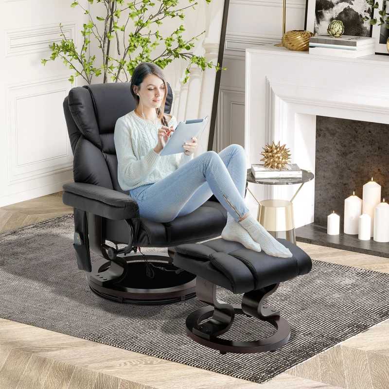 HOMCOM Massage Recliner Chair with Ottoman Footrest, 10 Vibration Points, 360° Swivel Reclining Chair, Faux Leather Living Room Chair with Side Pocket and Remote Control, Black