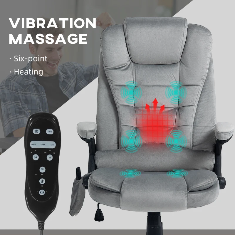 HOMCOM 6 Point Executive Office Chair with Heat, Velvet High Back Vibrating Massage Office Chair, Gray