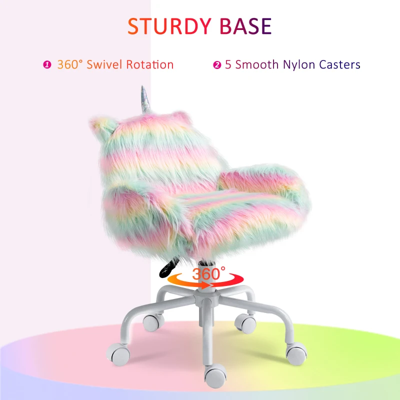 HOMCOM Fluffy Unicorn Office Chair with Mid-Back and Armrest Support, 5 Star Swivel Wheel White Base, Rainbow