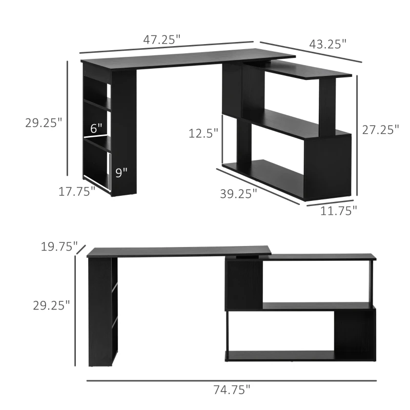HOMCOM L Shaped Desk, Corner Computer Desk, 360 Degree Rotating Home Office Desk with Storage Shelves, Writing Table Workstation, Black