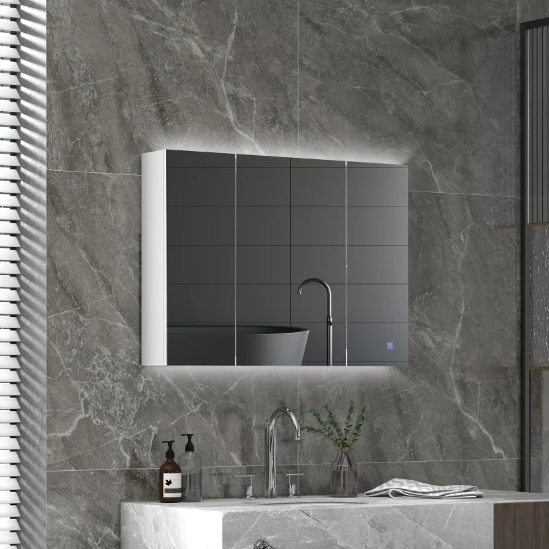 kleankin Bathroom Mirror Cabinet with Light, Bathroom Storage Cupboard with USB Charge, Adjustable Shelf, 35.5"W x 25.5"H, White