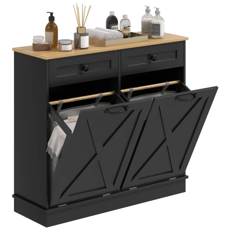 HOMCOM Tilt Out Laundry Hamper Cabinet, Bathroom Storage Cabinet with 2 Removable Baskets and 2 Drawers, Black