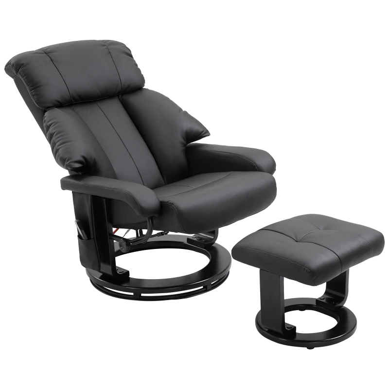HOMCOM Massage Recliner Chair with Ottoman, 360° Swivel Recliner and Footstool, 10 Point Vibration, PU Leather Reclining Chair with Side Pocket and Remote Control, Black