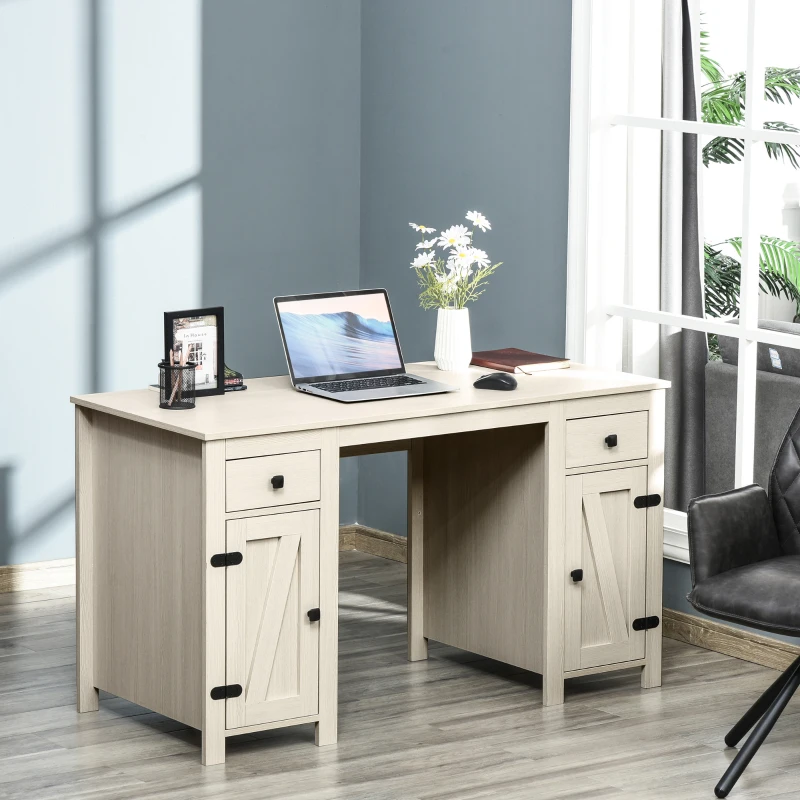 HOMCOM Farmhouse Computer Desk with Storage, Home Office Desk with 2 Drawers and 2 Cabinets, Cream White