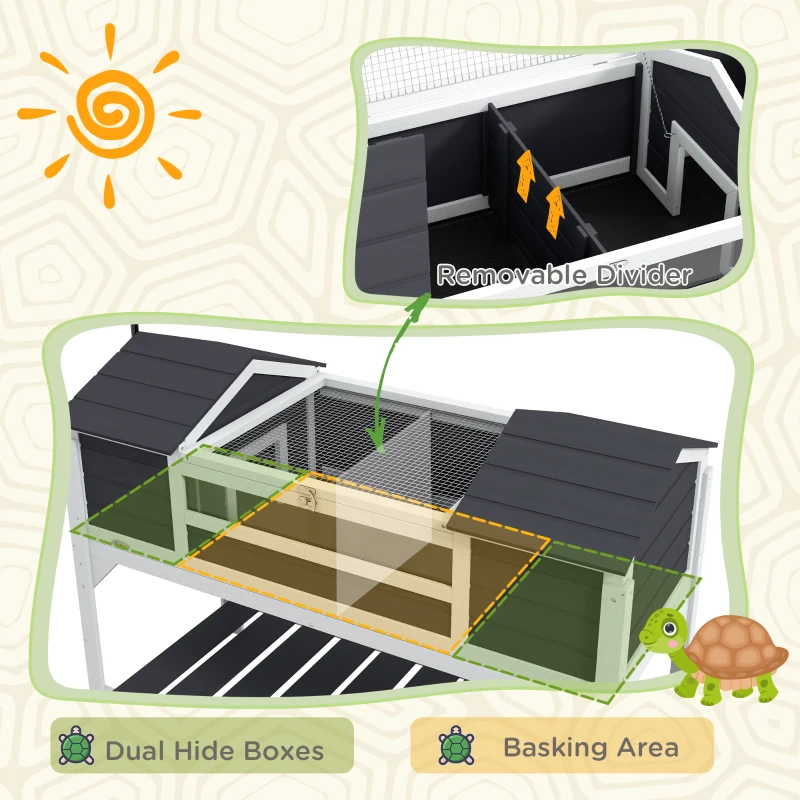 PawHut Tortoise Enclosure Tortoise House with Adjustable Lamp Holder Storage Shelf, Dual Main Houses, Openable Lid, Gray
