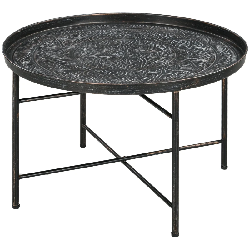 HOMCOM Vintage Coffee Table for Living Room, 24" Round Center Table with Hammered Tray Top and Metal Frame, Pewter