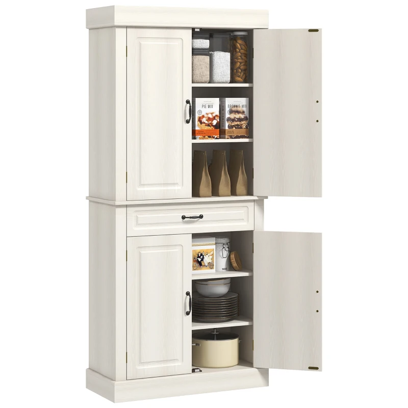 HOMCOM 71" Freestanding Kitchen Pantry with 4 Doors and 2 Large Cabinets, Tall Storage Cabinet with Drawer, Distressed White
