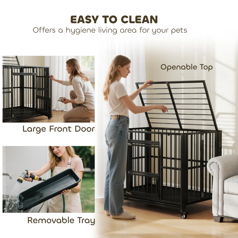 PawHut 43" Heavy Duty Dog Crate, Strong Steel Foldable Large Dog Crate with 4 Lockable Wheels, Double Doors, Openable Top and Removable Trays for Medium and Large Dogs, Black