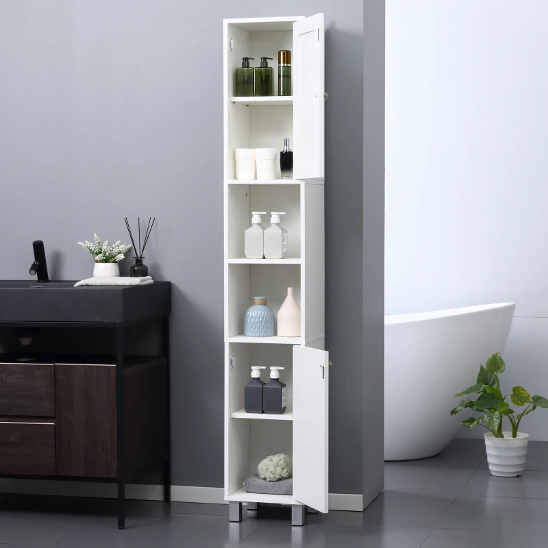 kleankin Tall Bathroom Storage Cabinet with Mirror, Wooden Freestanding Tower Cabinet with Adjustable Shelves for Bathroom or Living Room, White