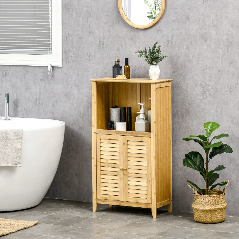 HOMCOM Bamboo Floor Cabinet Bathroom Floor Cabinet Living Room Organizer Tower with Multiple Shelves and Doors, Natural
