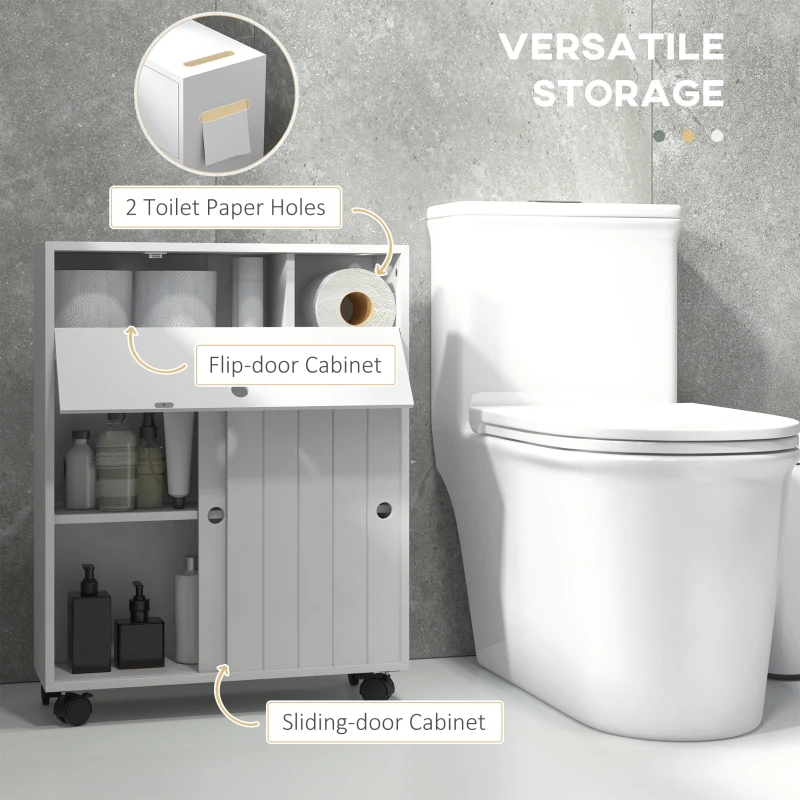 kleankin Toilet Paper Cabinet, Slim Bathroom Cabinet with 4 Rolling Wheels, Small Bathroom Storage Cabinet with Paper Holes, Sliding Doors and Adjustable Shelf for Small Space, White