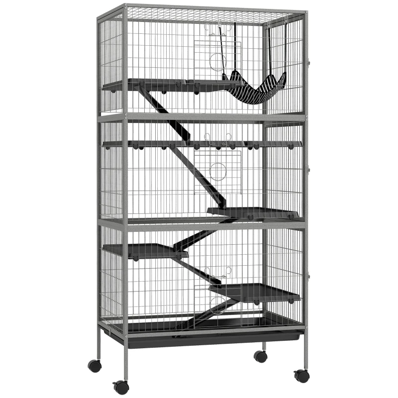 PawHut 63" H Rolling Small Animal Cage with Hammock, Ferret Cage, Chinchilla Cage, Pet Habitat with 6 Doors, Removable Tray