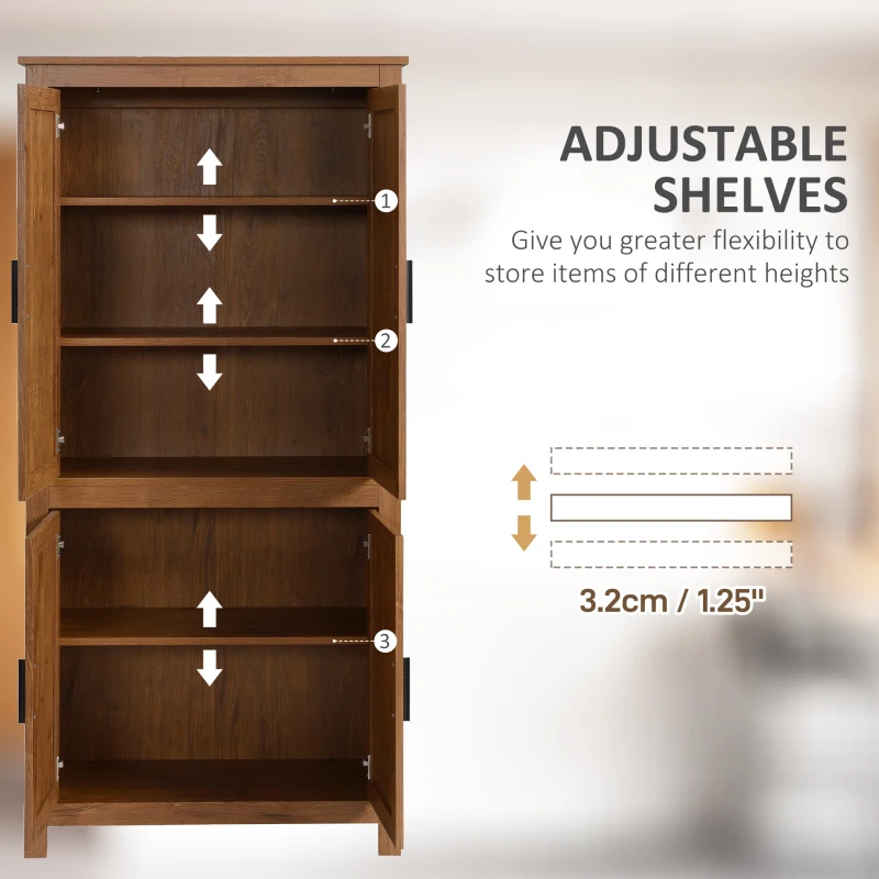 HOMCOM 64" 4-Door Kitchen Pantry, Freestanding Storage Cabinet with 3 Adjustable Shelves for Kitchen, Oak