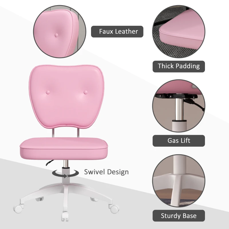 Vinsetto Vanity Office Chair, PU Leather Computer Chair for Home, with Adjustable Height, Armless, Swivel Wheels, Pink