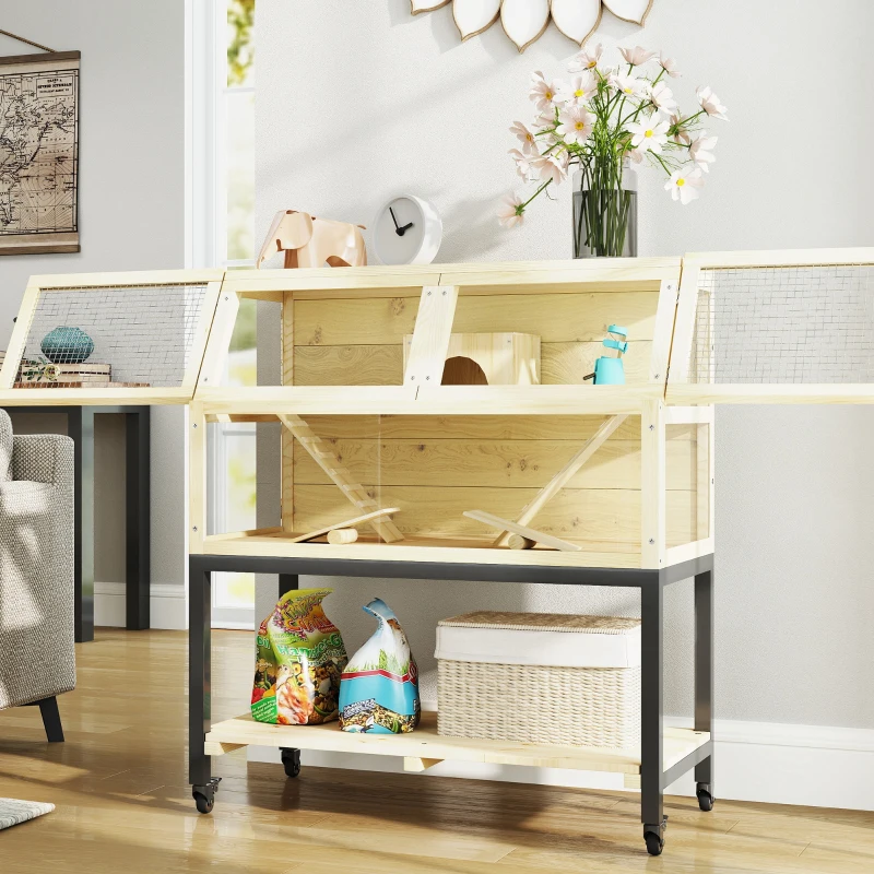 PawHut Hamster Cage on Wheels w/ Storage Shelf, Seesaws, Water Bottle, Hut & Ramps, for Dwarf, Gerbil, Syrian Hamster, Mouse
