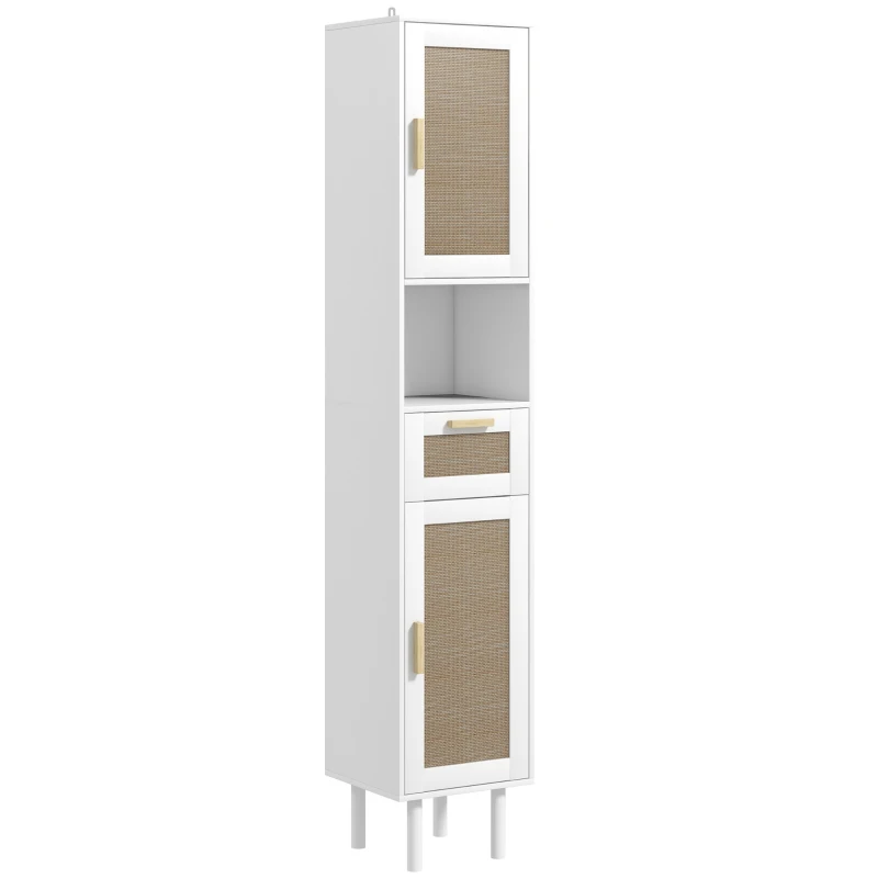 HOMCOM Tall Bathroom Cabinet with Rattan Doors, Freestanding Bathroom Storage Cabinet with Adjustable Shelves, White