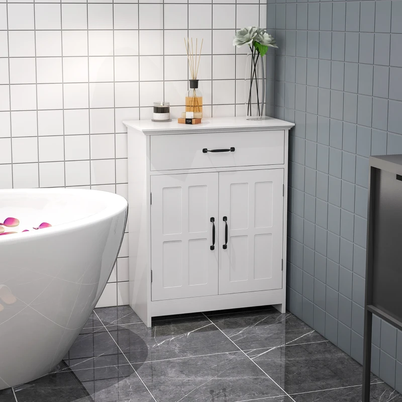 kleankin Bathroom Storage Cabinet, Modern Bathroom Cabinet with 2 Doors, Storage Drawer & Adjustable Shelf, White