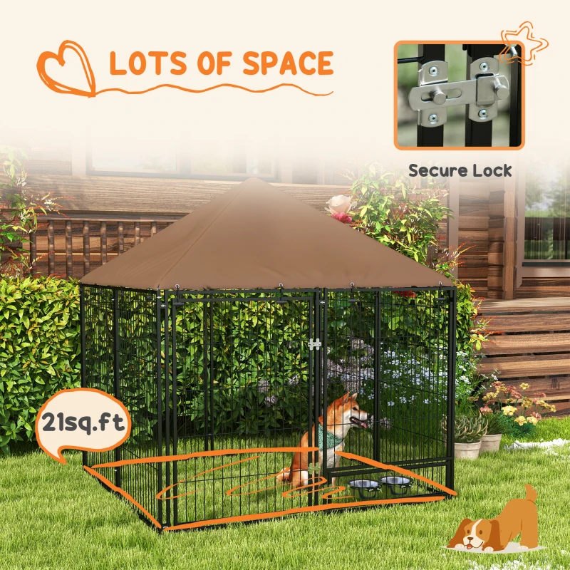 PawHut Outside Dog Kennel, 4.6' x 4.6' x 5' Puppy Play Pen with Canopy, Garden Playpen Fence Crate Enclosure Cage Rotating Bowl, for Dogs, Chickens, Ducks, Black