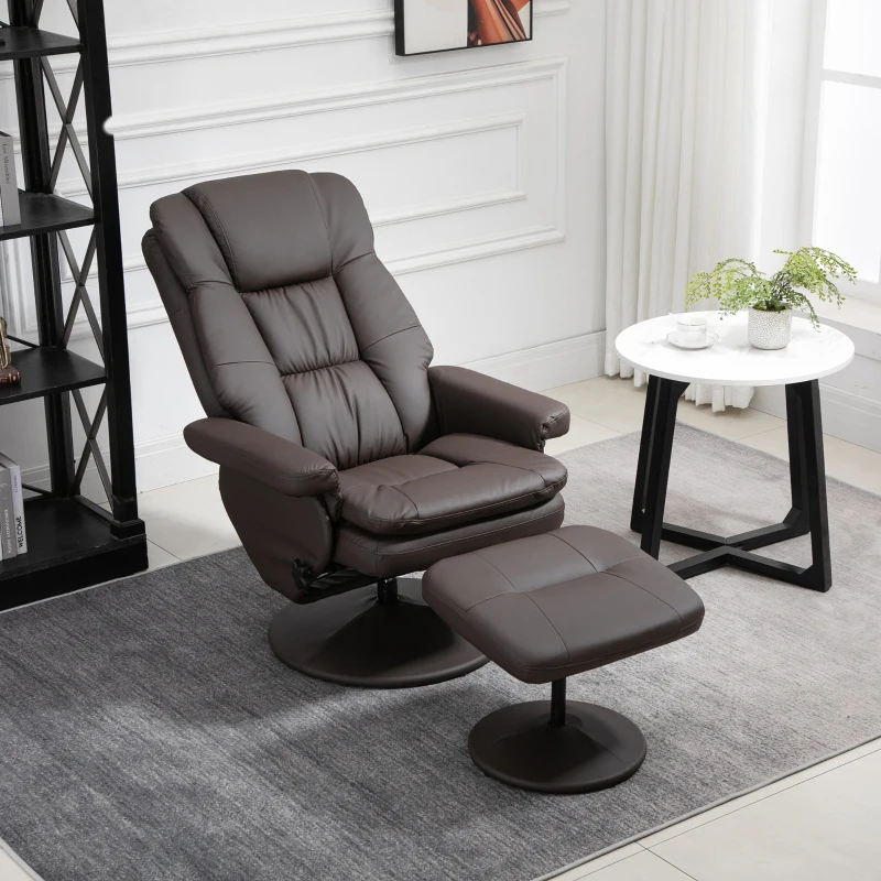 HOMCOM PU Leather Recliner Chair with Ottoman, Swivel Recliner and Ottoman with Round Wrapped Base for Living Room, Brown