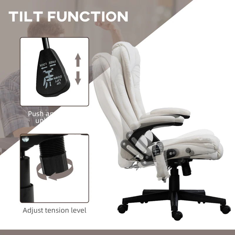 Vinsetto 6 Point Executive Office Chair with Heat, Velvet High Back Vibrating Massage Office Chair, Cream White