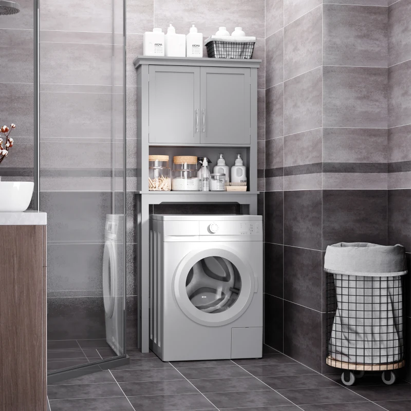 kleankin Modern Over The Toilet Storage Cabinet, Double Door Bathroom Organizer with Inner Adjustable Shelf and Open Shelf, Gray