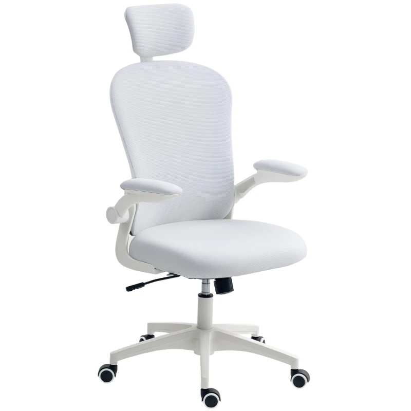 Vinsetto Office Chair, Mesh Computer Desk Chair with Adjustable Headrest, 4D Lumbar Support, Flip-up Arm, White