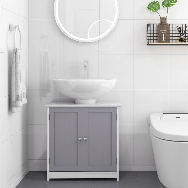kleankin Bathroom Vanities, Bathroom Sink Cabinets with U-Shape Cut-Out and Adjustable Internal Shelf, White and Gray
