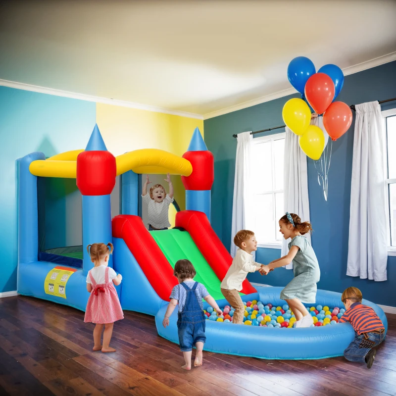 Qaba 4 in 1 Inflatable Bounce House with Slide, Basketball Hoop, Ball Pit, 370W Blower, Storage Bag, 163" x 81" x 75"