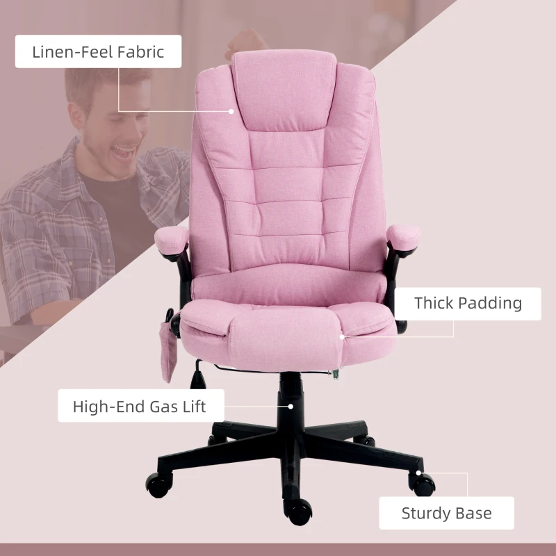 HOMCOM 6 Point Vibrating Massage Office Chair with Heat, Linen High Back Massage Desk Chair with Reclining Backrest, Pink
