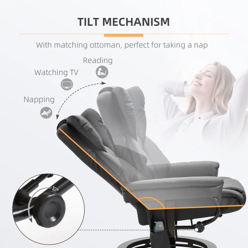 HOMCOM Massage Recliner Chair with Ottoman Footrest, 10 Vibration Points, 360° Swivel Reclining Chair, Faux Leather Living Room Chair with Side Pocket and Remote Control, Black