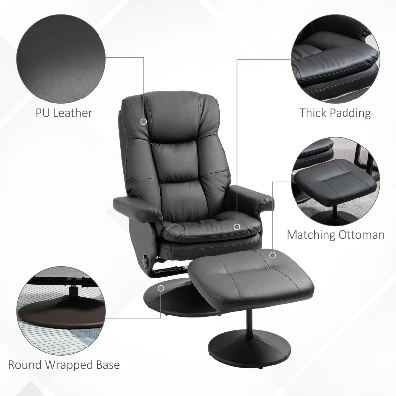 HOMCOM PU Leather Recliner Chair with Ottoman, Swivel Recliner and Ottoman with Round Wrapped Base for Living Room, Black