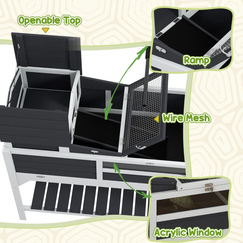 PawHut Tortoise Enclosure Tortoise House w/ Adjustable Lamp Holder, Storage Shelf, Removable Main House, Openable Lid, Gray
