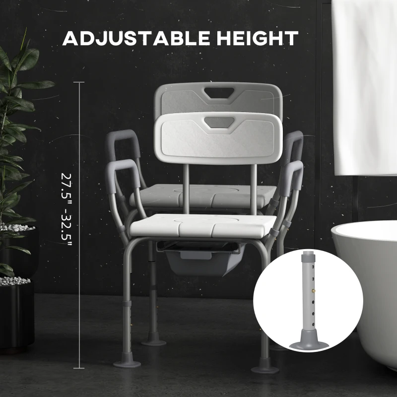 HOMCOM 3-in-1 Shower Chair with Back and Arms, Height Adjustable Bedside Commode, Raised Toilet Seat with Non-Slip Rubber Foot Pad for Seniors, Disabled, White