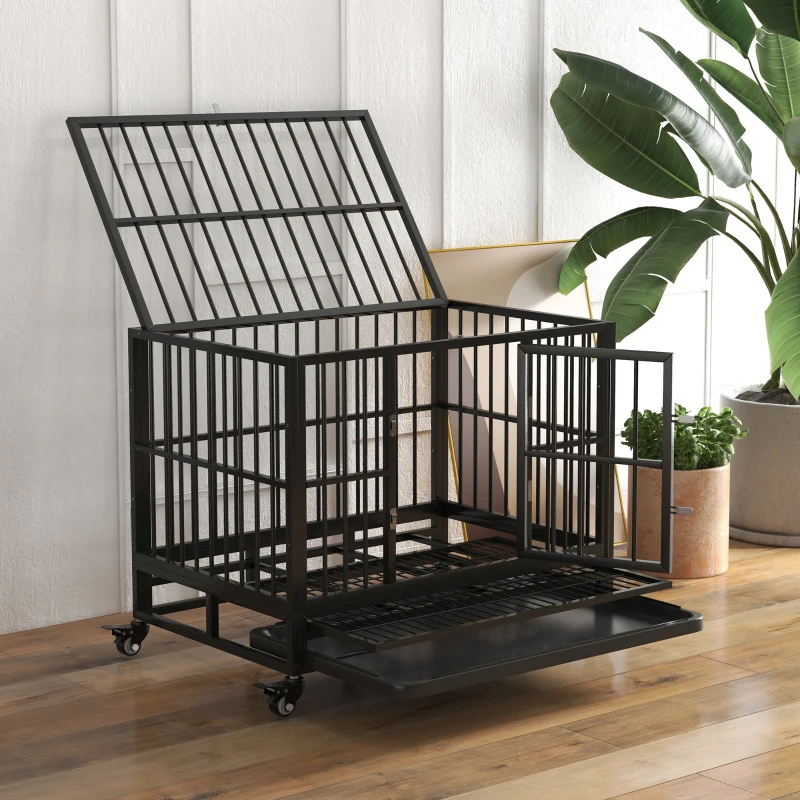 PawHut 36" Heavy Duty Dog Crate Metal Cage Kennel with Lockable Wheels, Double Door and Removable Tray, Gray