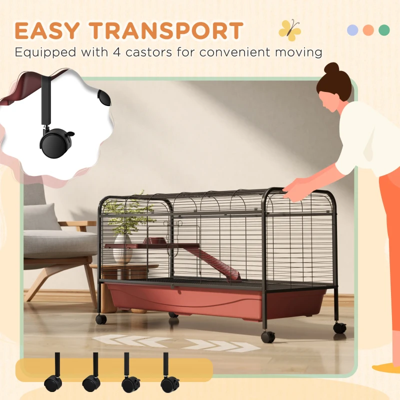 PawHut 48" L Small Animal Cage, Pet Play House for Rabbit Hutch or Ferret with Feeder, Rolling Wheels, Platform, Ramp