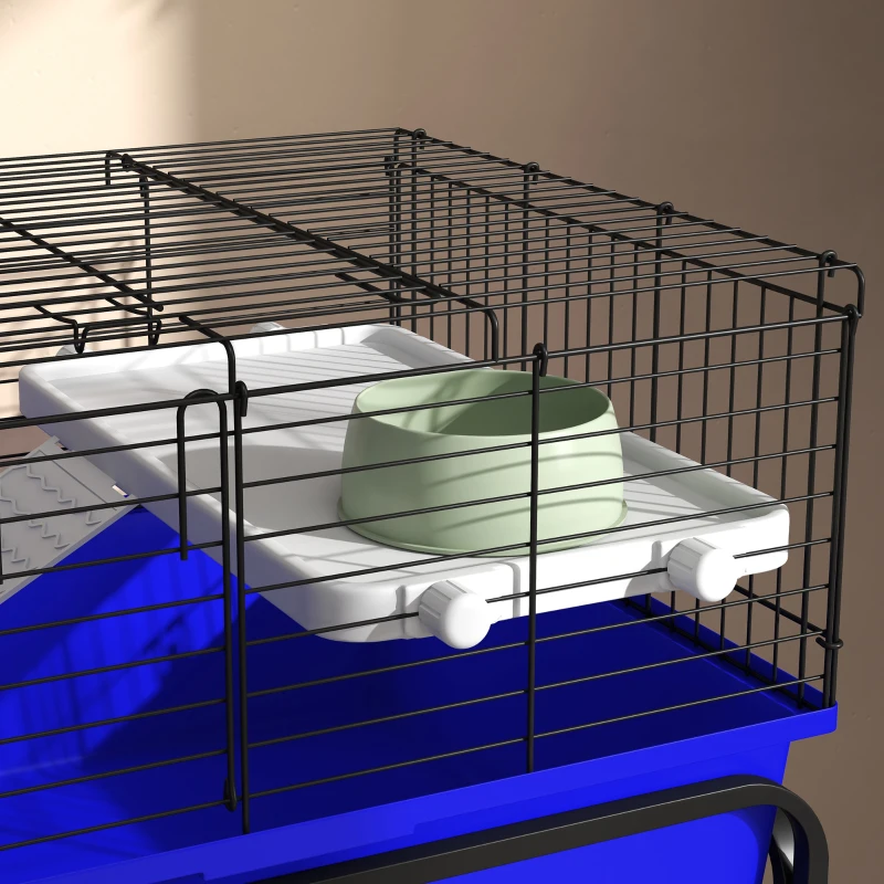 PawHut Two-Story Small Animal Cage Removable from Stand, Pet Habitat with Shelf & Wheels, 33" x 18.5" x 35", Blue