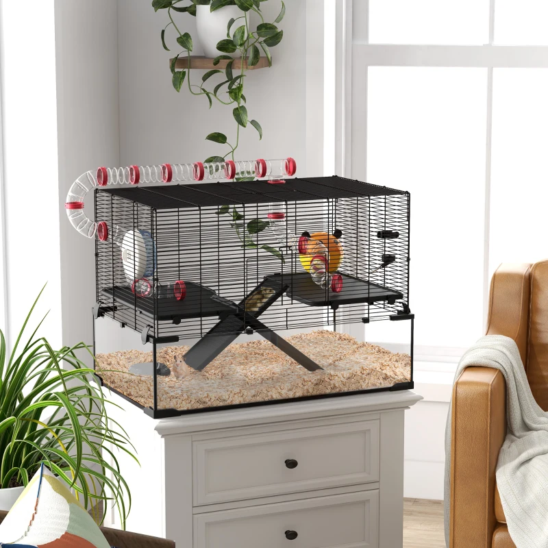 PawHut 31" Hamster Cage with Tube and Tunnel, Deep Glass Bottom