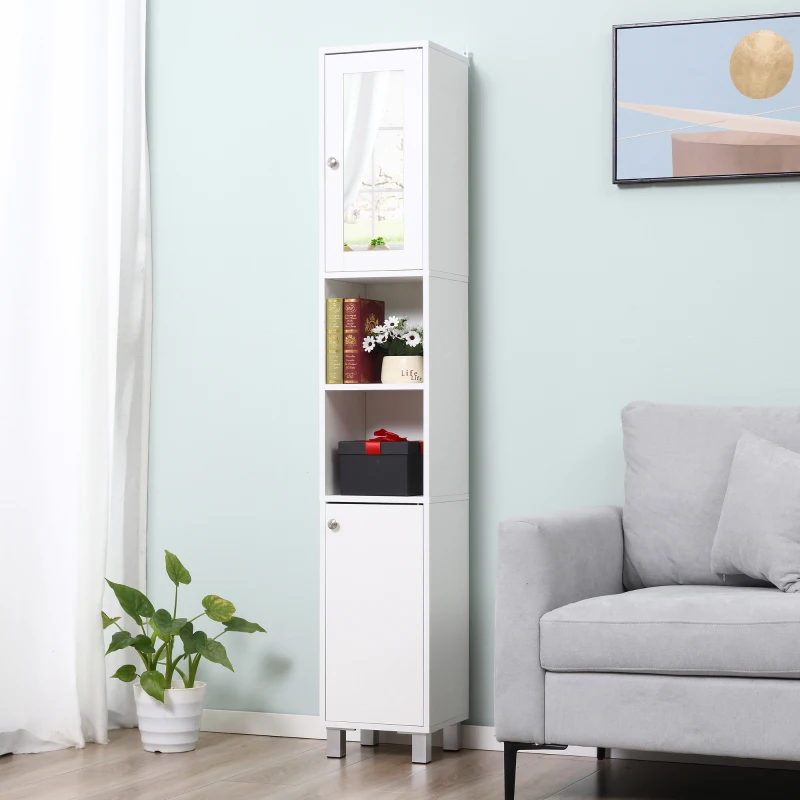 kleankin Tall Bathroom Storage Cabinet with Mirror, Wooden Freestanding Tower Cabinet with Adjustable Shelves for Bathroom or Living Room, White