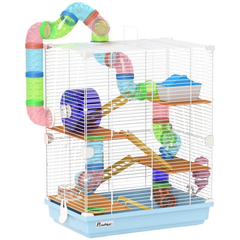 PawHut 5 Tiers Hamster Cage Portable Animal Travel Carrier w/ Exercise Wheels Tube, Light Blue