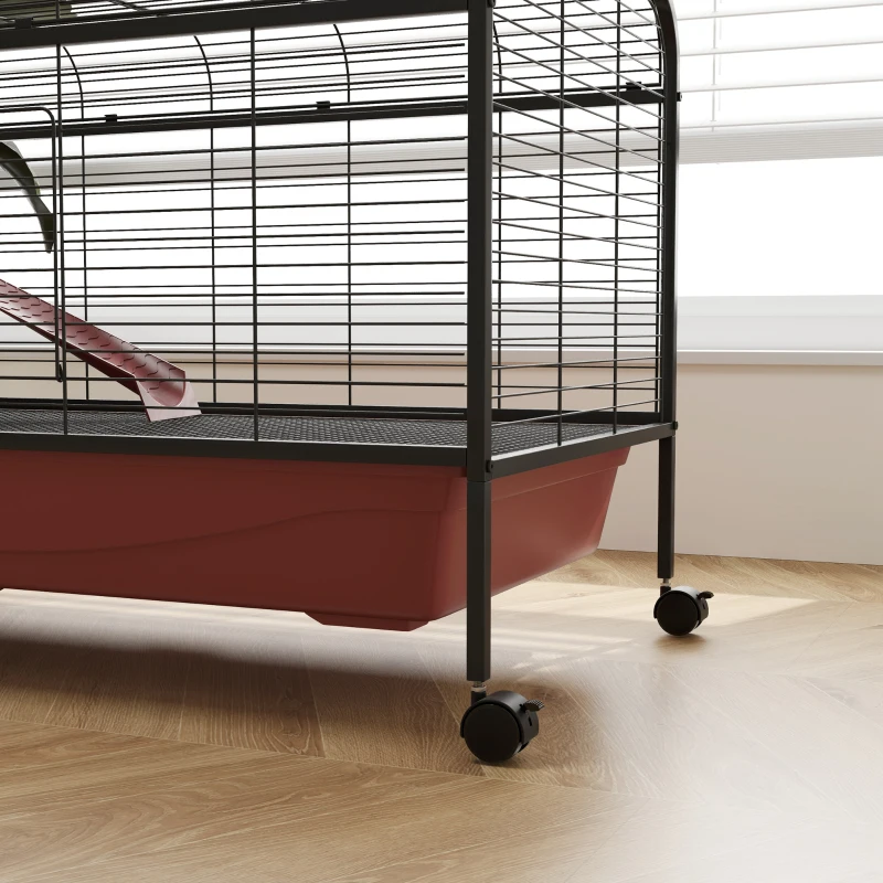 PawHut 48" L Small Animal Cage, Pet Play House for Rabbit Hutch or Ferret with Feeder, Rolling Wheels, Platform, Ramp