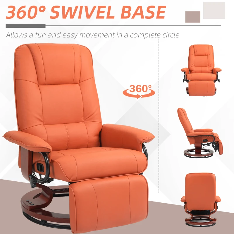 HOMCOM Faux Leather Recliner Chair, Swivel Recliner with Footrest, Armrest and Wood Base for Living Room, Orange