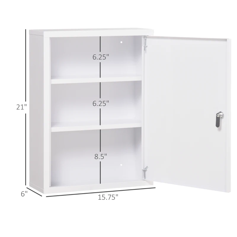 kleankin 16" x 21" Lockable Medicine Cabinet, 3 Tier Steel Medical Wall Box with 2 Keys and Shelves for Bathroom, White