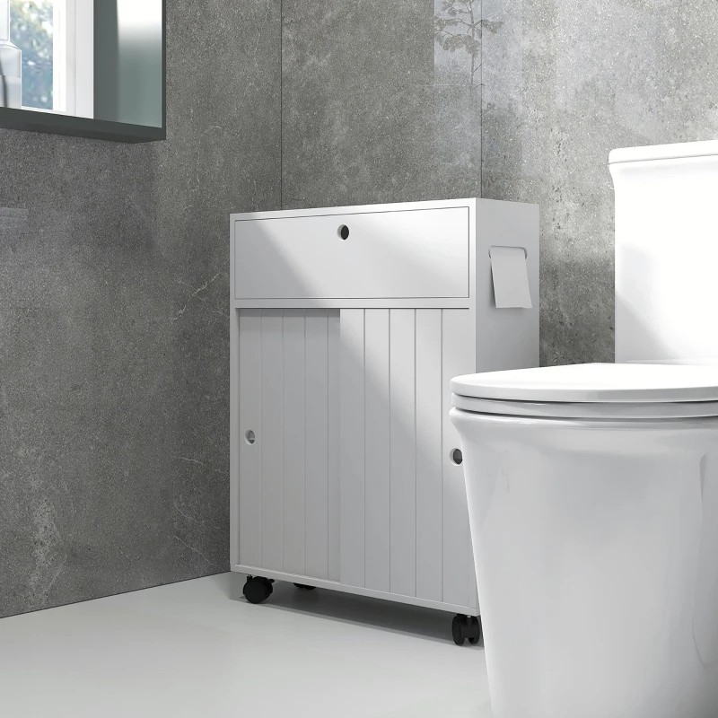 kleankin Toilet Paper Cabinet, Slim Bathroom Cabinet with 4 Rolling Wheels, Small Bathroom Storage Cabinet with Paper Holes, Sliding Doors and Adjustable Shelf for Small Space, White