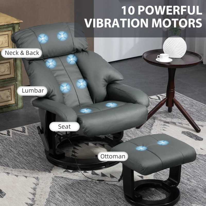 HOMCOM Swivel Recliner with Ottoman, Faux Leather Reclining Chair with Massage, Footstool Remote and Side Pocket, Gray