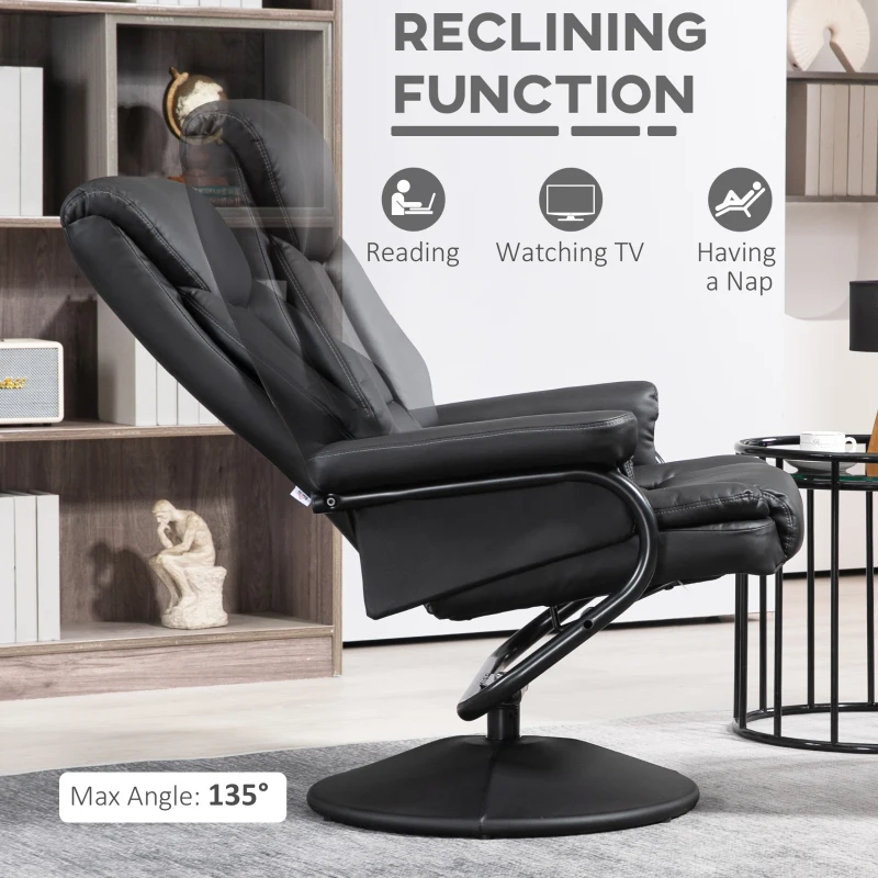 HOMCOM Recliner Chair w/ Ottoman Swivel, Faux Leather, Black