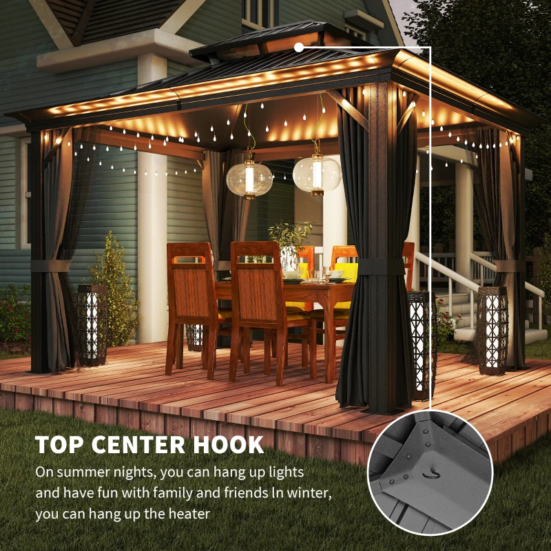 Outsunny 10' x 12' Outdoor Hardtop Gazebo with Galvanized Steel Canopy & Netting Sidewalls for Lawn, Backyard, Dark Grey