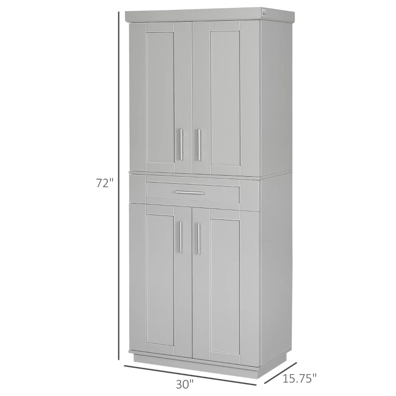 HOMCOM Modern Kitchen Pantry Freestanding Cabinet Cupboard with Doors and Drawer, Adjustable Shelving, Gray