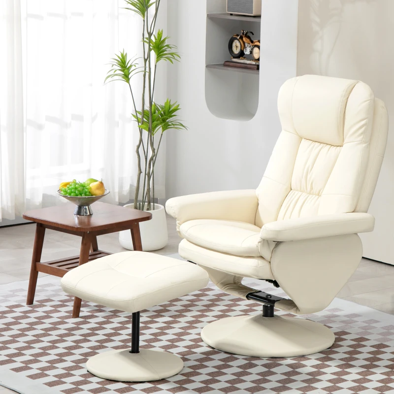 HOMCOM PU Leather Recliner Chair with Ottoman, Swivel Recliner and Ottoman with Round Wrapped Base for Living Room, Cream White
