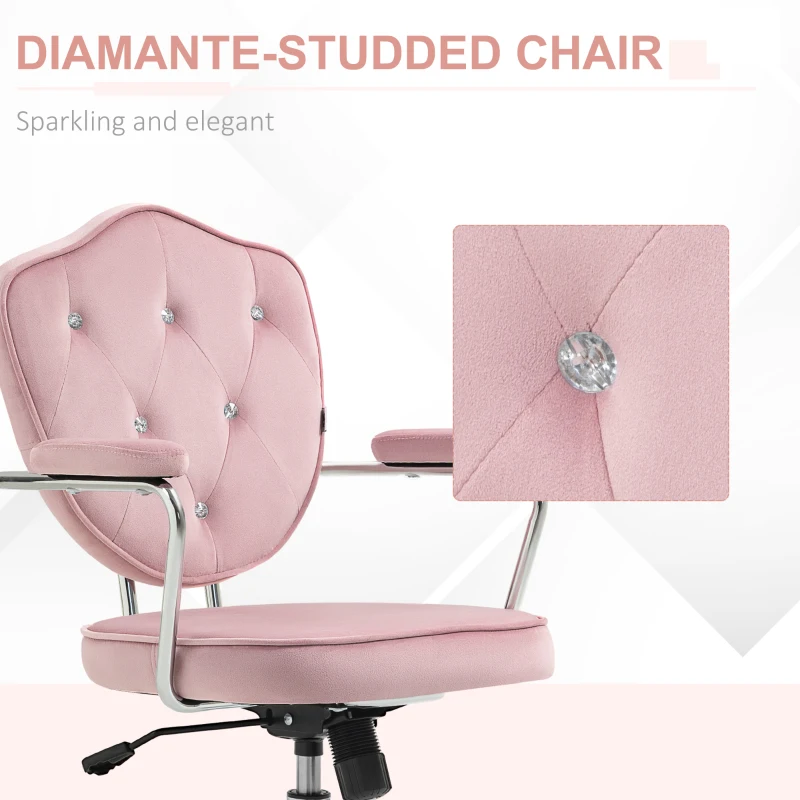 HOMCOM Cute Office Chair, Desk Chair with Button Tufted Velvet-feel Fabric, Swivel Computer Vanity Chair, Pink